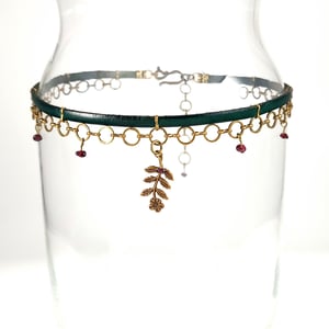 Image of Green Leather and Brass Choker with Flower Stem and Garnets