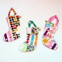 Image 4 of vtg patchwork COURTNEYCOURTNEY vintage fabric boot rainboot stocking stockings handles bag pouch