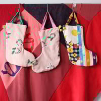 Image 3 of vtg patchwork COURTNEYCOURTNEY vintage fabric boot rainboot stocking stockings handles bag pouch