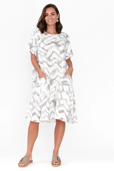 Image of Lizzie Linen/ Cotton Dress- brown and white wave