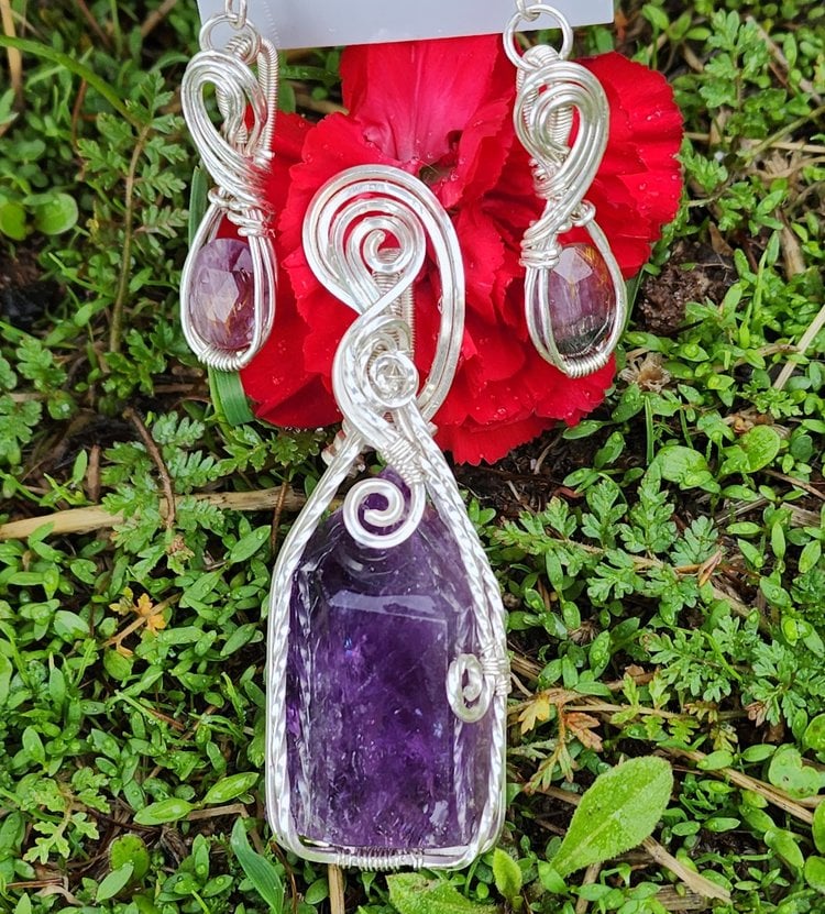 Image of Super 7 Earrings & Amethyst Pendant Set | Wire Wrapped Necklace |  Crown Chakra Crystal