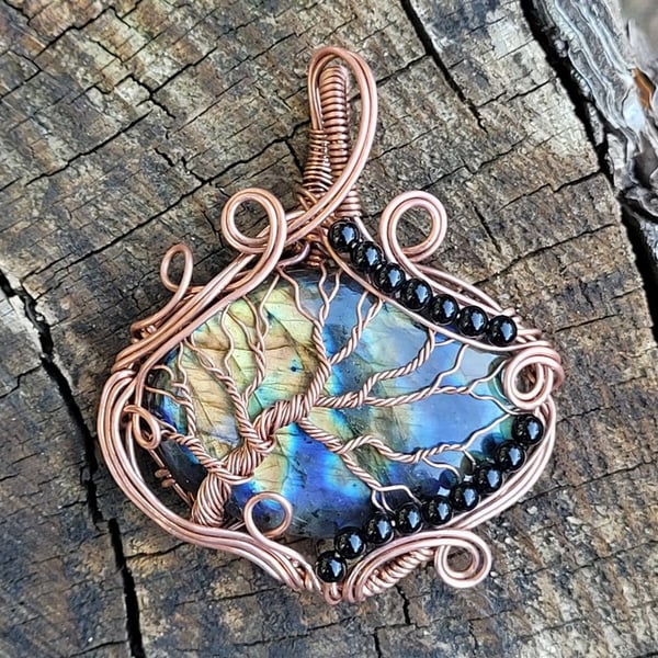 Image of Wire Wrapped Labradorite Tree Pendant | Wire Wrapped Tree of Life Jewelry | Throat Chakra Crystal