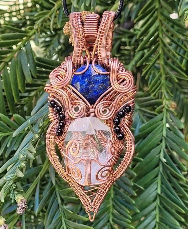 Image of Lapis Lazuli, Quartz, and Onyx Pendant | Wire Wrapped Jewelry | Handmade | Throat Chakra Crystal