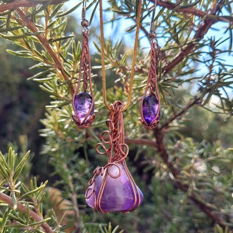 Image of Wire Wrap Amethyst Jewelry Set | Earrings and Necklace Jewelry Set | Third Eye Chakra Crystal
