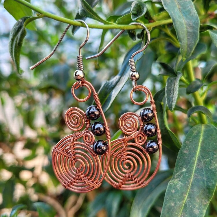 Image of Wire Wrap Hematite Spiral Earrings | Hematite Copper Jewelry | Root Chakra Crystal