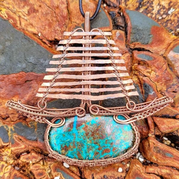 Image of Wire Wrapped Chrysocolla Ship Pendant | Wire Wrapped Pirate Ship Jewelry | Throat Chakra Crystal