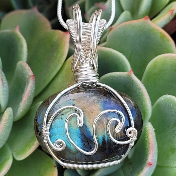 Image of Wire Wrapped Labradorite Ocean Wave Pendant | Wire Wrapped Ocean Wave | Throat Chakra Crystal