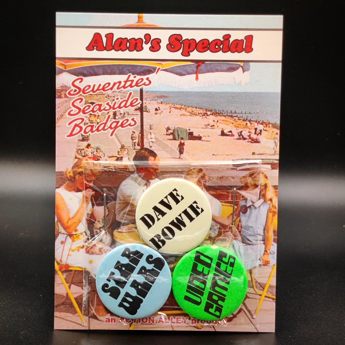 Image of ALAN'S SPECIAL SEVENTIES' SEASIDE BADGE SHOP - sets of 3 vintage-style badges/buttons