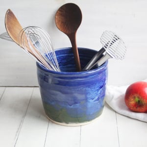 Image of Gorgeous Sapphire Blue Rustic Utensil Holder, Handcrafted Pottery Crock, Made in USA