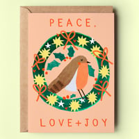 Image of Peace Love Joy Wreath Christmas Card 