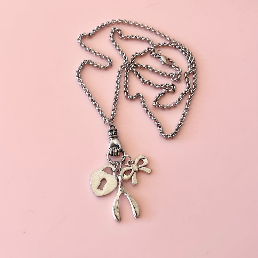 Image of One of a Kind Long Charm Chain - Bow, Lock, Wishbone