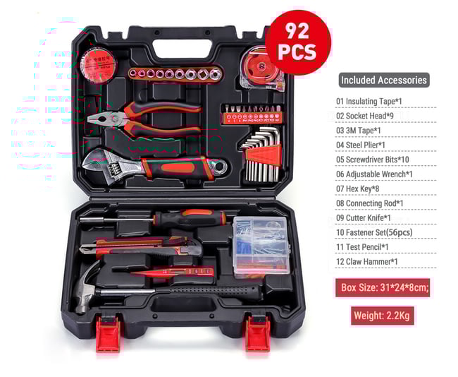 Tool Kit 92Pcs Household Toolbox Multifunctional Hand Tools Set Hard Carrying Case