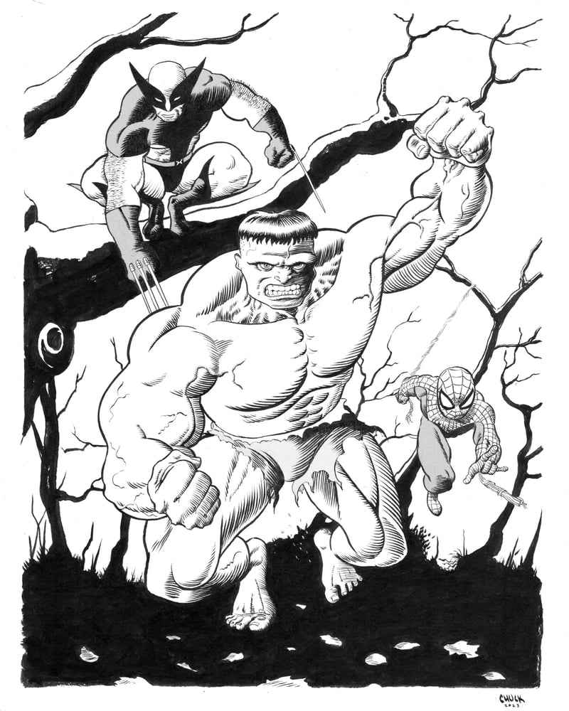 Image of Hulk, Wolverine and Spider-Man original art