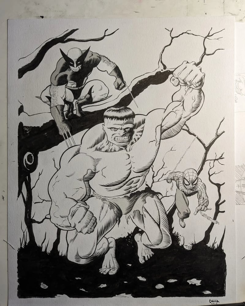 Image of Hulk, Wolverine and Spider-Man original art
