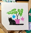 Cat with Alocasia - lino print