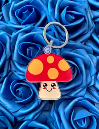 Image 1 of Cute Mushroom Acrylic Keychain | Emo Mushrooms | Happy Red Mushroom Keychain
