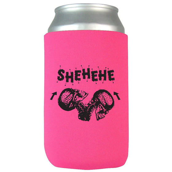 Image of Pink banging heads coozie