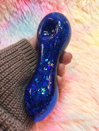 Image 3 of Royal Blue Glitter With Stars Freezable Glass Hand Pipe