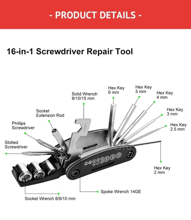 Pocket Bike Repair Set 16 in 1 Wrench Screwdriver Hex Allen Key Spanner Portable Pocket Multi Tool