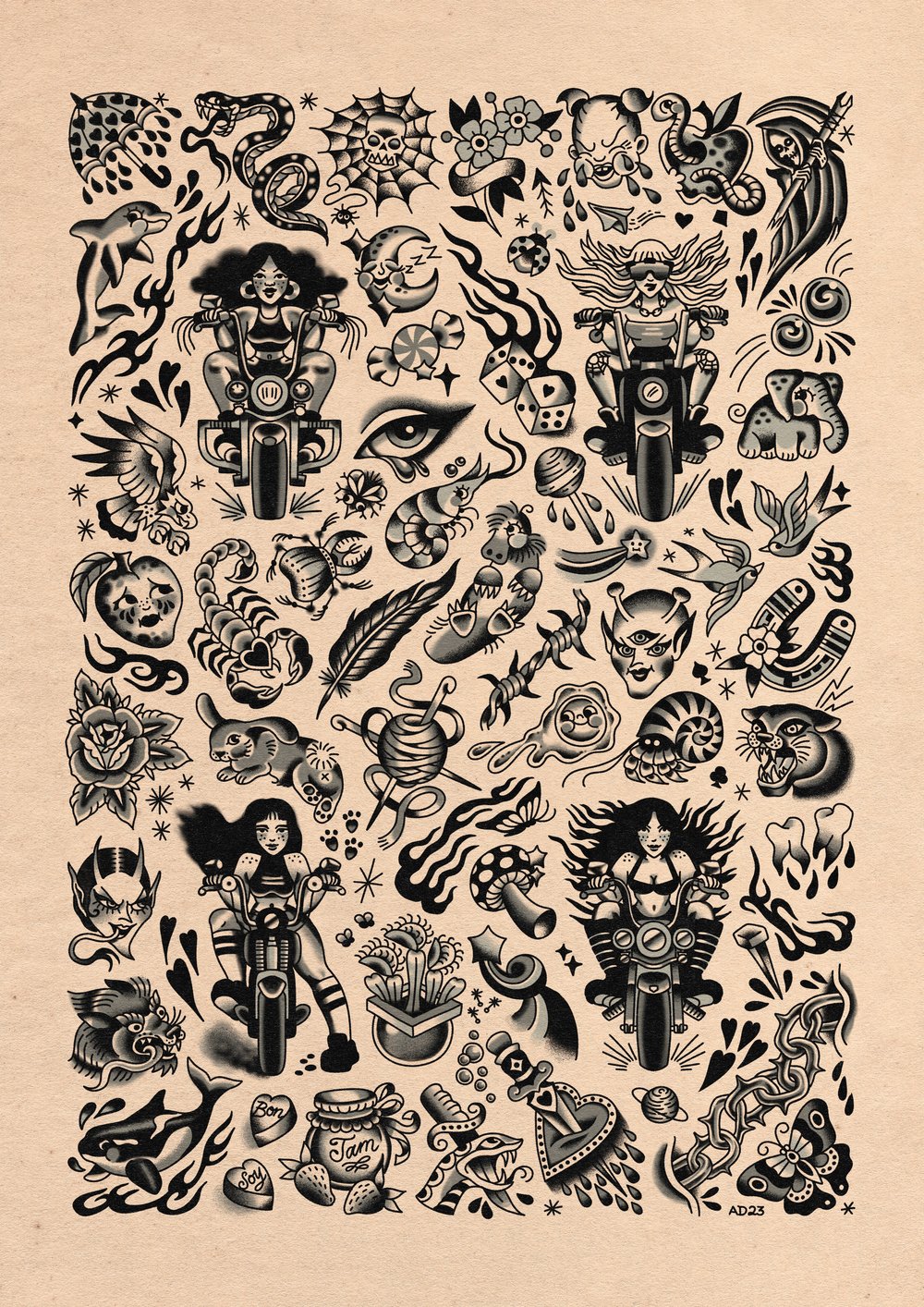 A2 Black and Grey Tattoo Flash Print