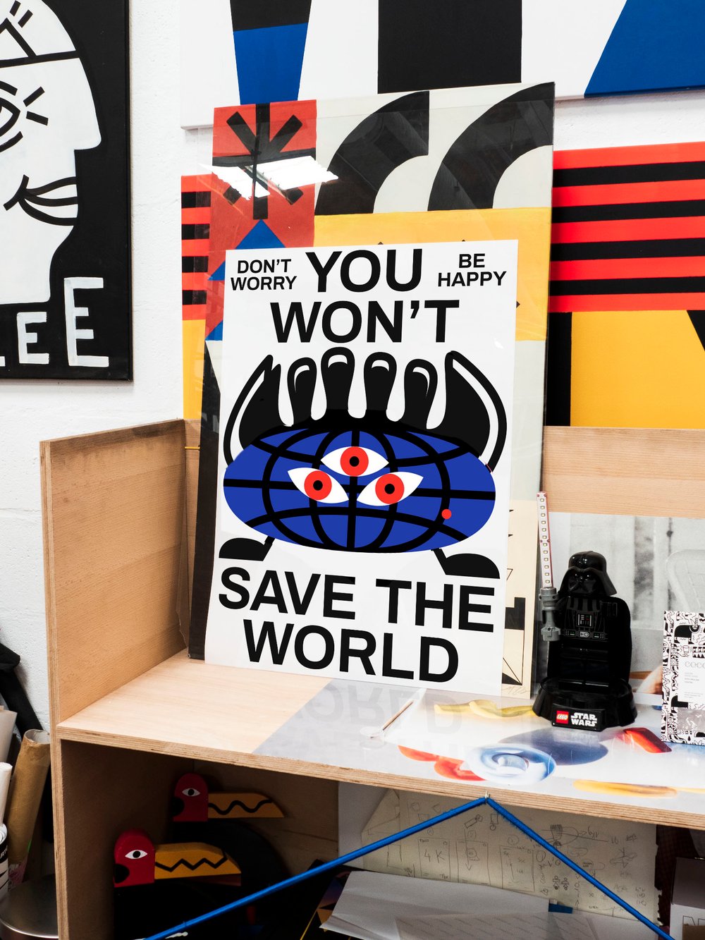 YOU WON'T SAVE THE WORLD BLUE / RED DOT Poster by Marco Oggian