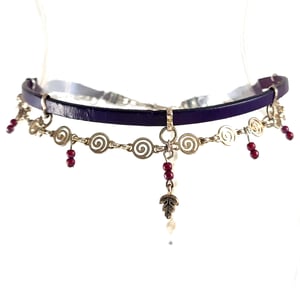 Image of Purple Leather and Silver Choker with Sterling Leaf and Glass Beads