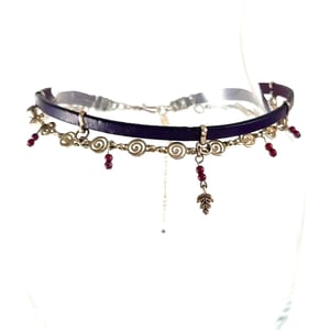 Image of Purple Leather and Silver Choker with Sterling Leaf and Glass Beads