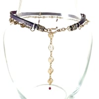 Image 3 of Purple Leather and Silver Choker with Sterling Leaf and Glass Beads