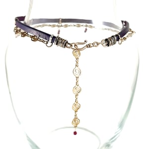 Image of Purple Leather and Silver Choker with Sterling Leaf and Glass Beads