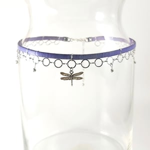 Image of Lavender Leather and Silver Choker with Sterling Dragonfly