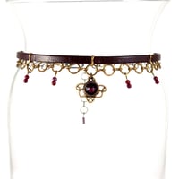 Image 1 of Brown Leather and Brass Choker with Purple Crystal