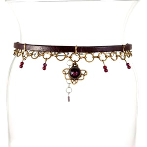 Image of Brown Leather and Brass Choker with Purple Crystal