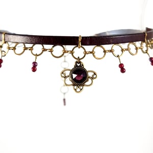 Image of Brown Leather and Brass Choker with Purple Crystal