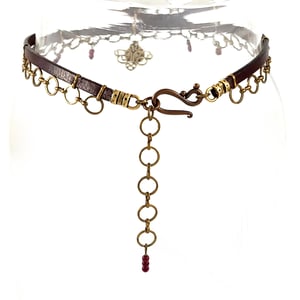 Image of Brown Leather and Brass Choker with Purple Crystal