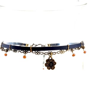 Image of Black Leather and Brass Choker with Flower Charm