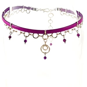 Image of Purple Leather and Silver Choker with Double Circle Charm