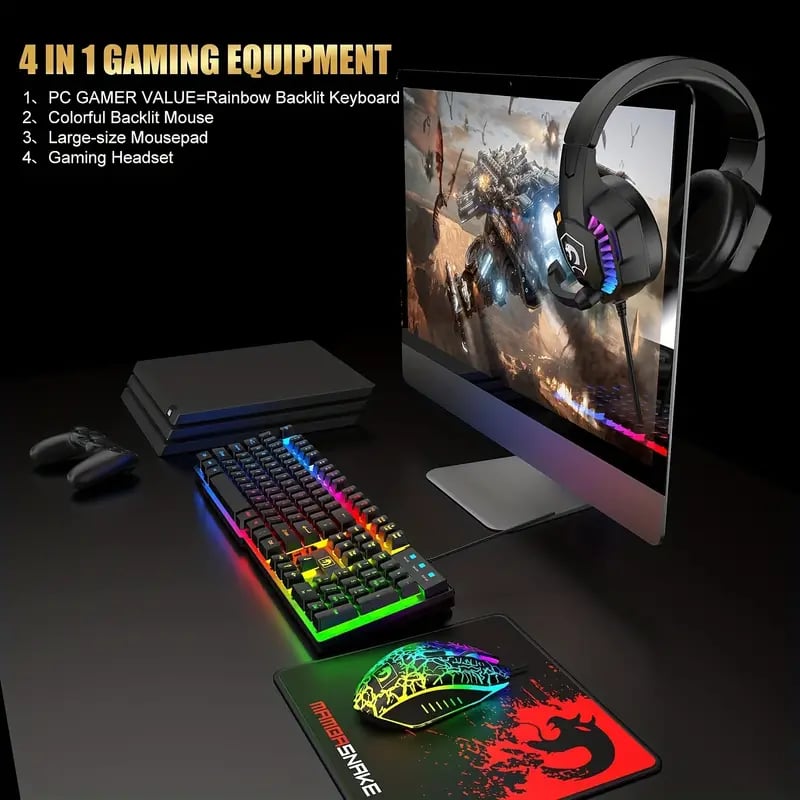 Gaming Power Combo: Rainbow LED Keyboard, Headset, Mice, and Pad