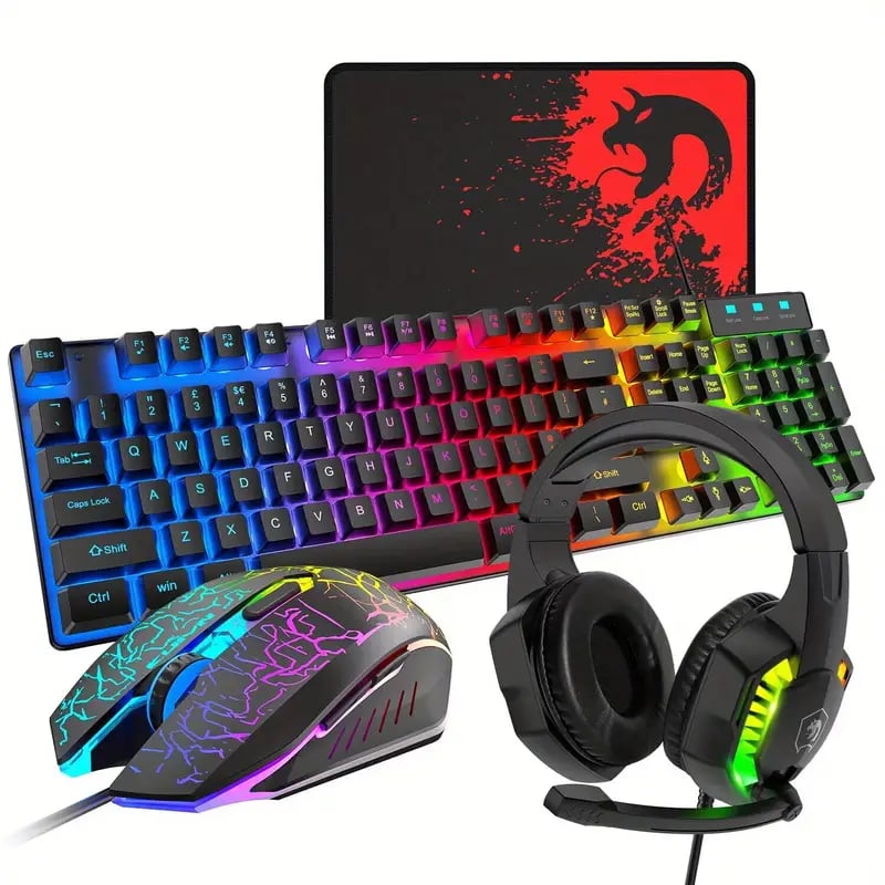Gaming Power Combo: Rainbow LED Keyboard, Headset, Mice, and Pad