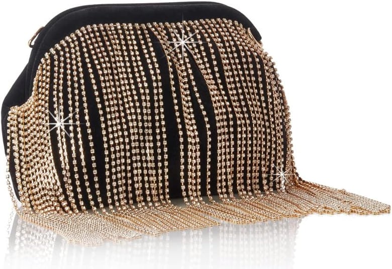 Image of Rhinestone Clutch Evening Bag - Velvet Dumpling Glitter Tassel Sparkly Purse 