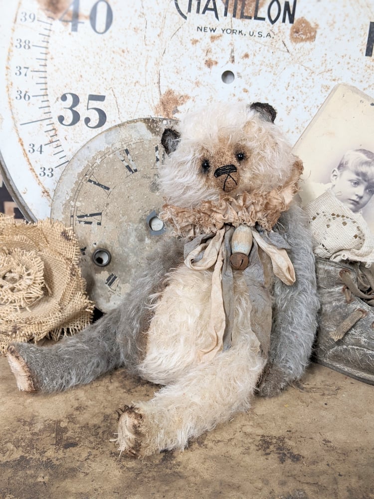 Image of 11" Fat old Vintage  Shabby Cream & Gray Mohair Teddy Bear  by Whendi's Bears.