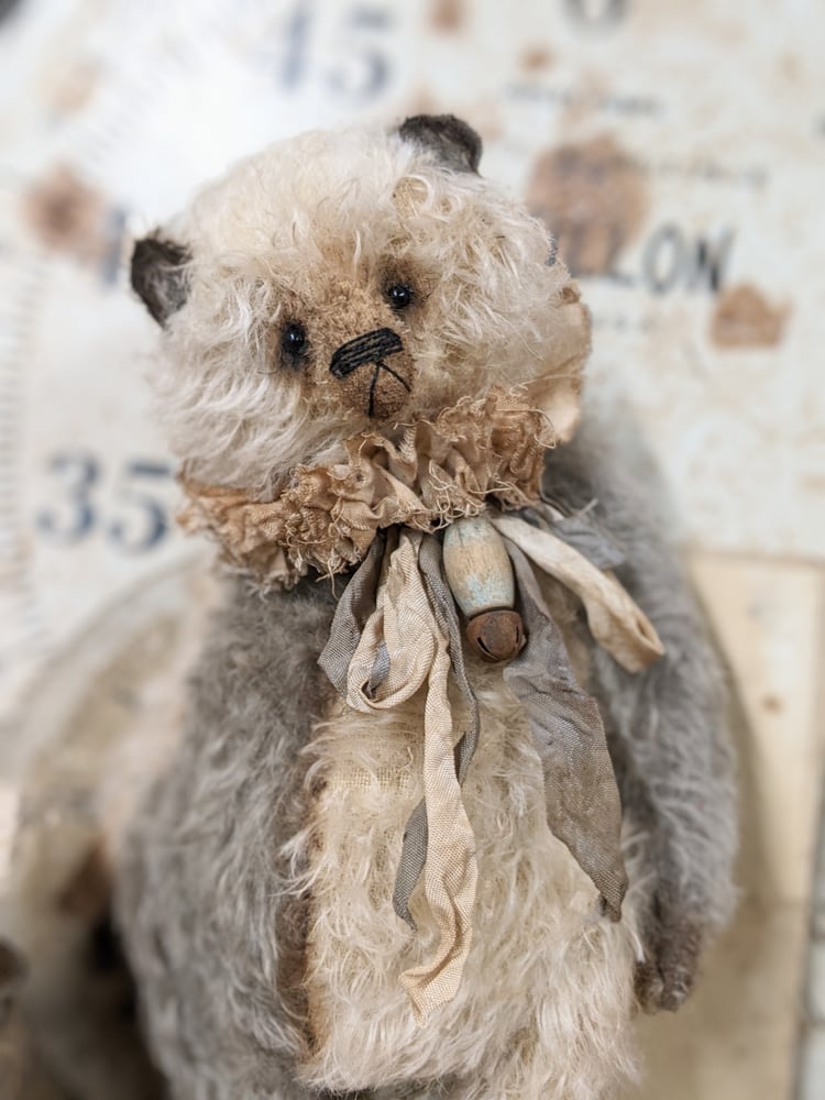 Image of 11" Fat old Vintage  Shabby Cream & Gray Mohair Teddy Bear  by Whendi's Bears.
