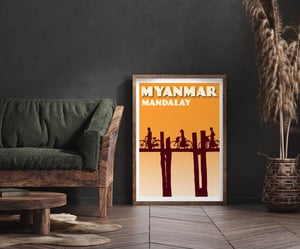 Image of Vintage poster Myanmar | U-Bein Bridge at Amarapura | Taung Thama Lake, Mandalay Province