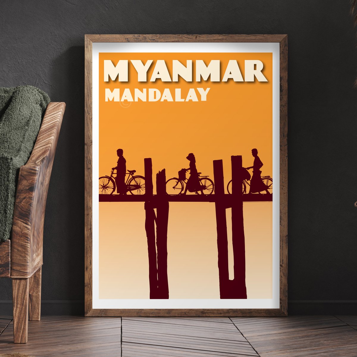 Image of Vintage poster Myanmar | U-Bein Bridge at Amarapura | Taung Thama Lake, Mandalay Province