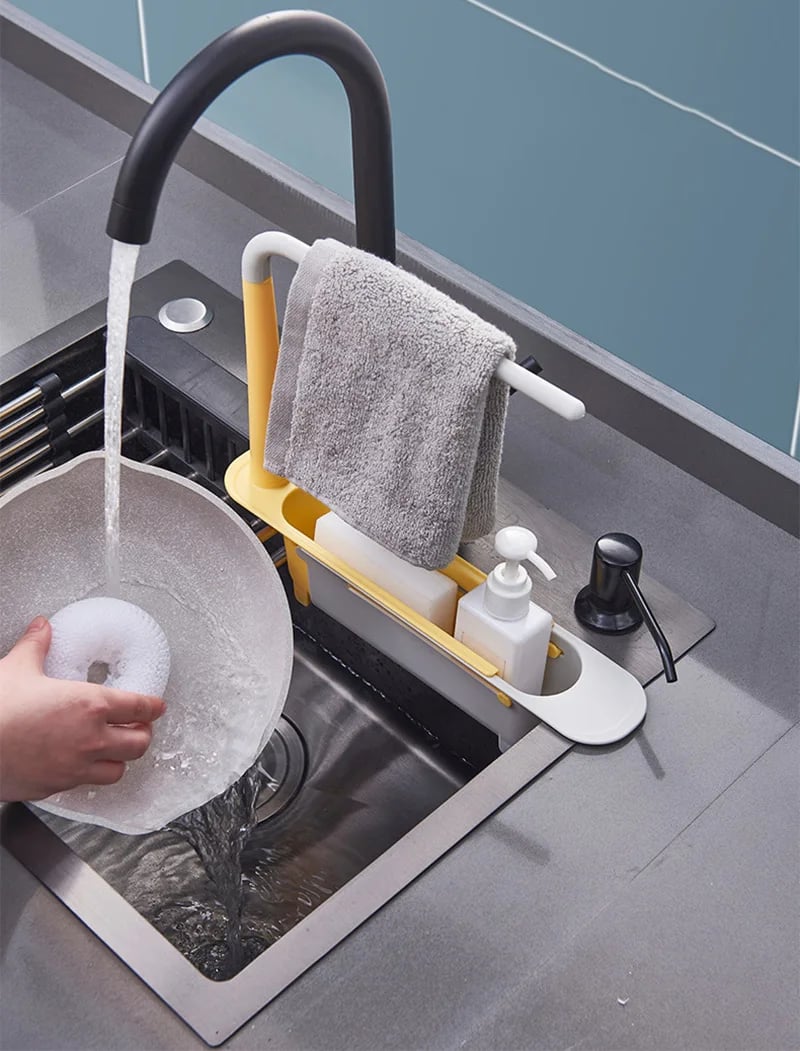 Kitchen Sink Organizer Sponge Holder Towel Hanger Drain Rack With Basket for your Kitchen Gadgets