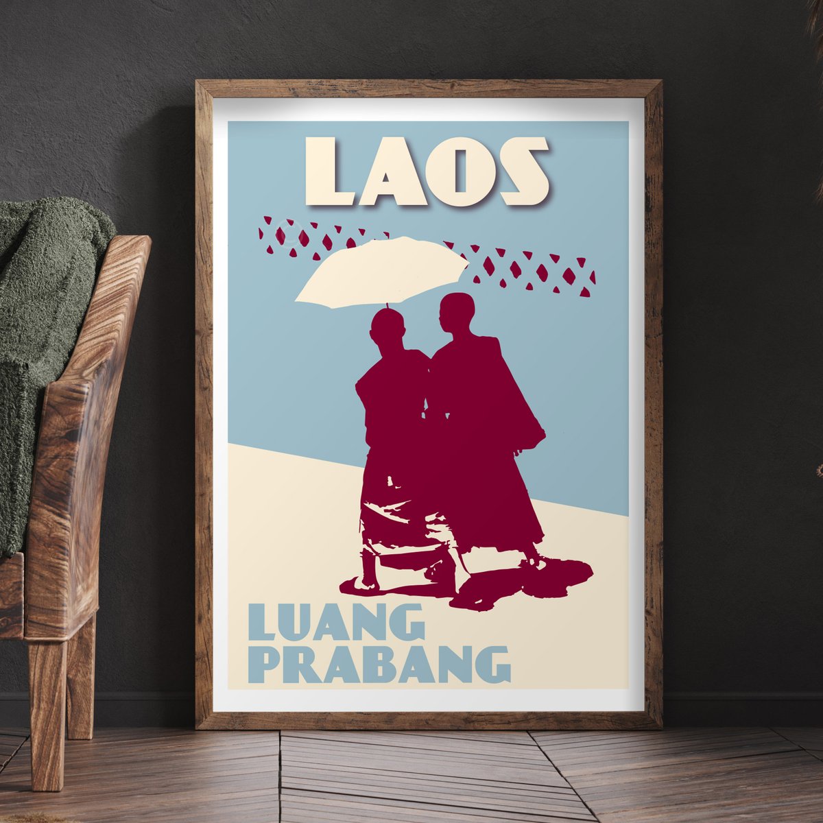 Image of Vintage poster Laos - Luang Prabang - Monks Blue - Fine Art Print