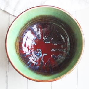 Image of Rustic Green and Red Serving Bowl, Handcrafted Pottery Centerpiece, Made in USA