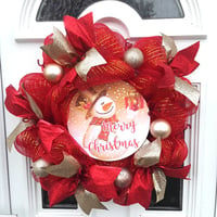 Image 1 of Merry Christmas Snowman Christmas Wreath, Wall Decor, Red and Gold Door Wreath