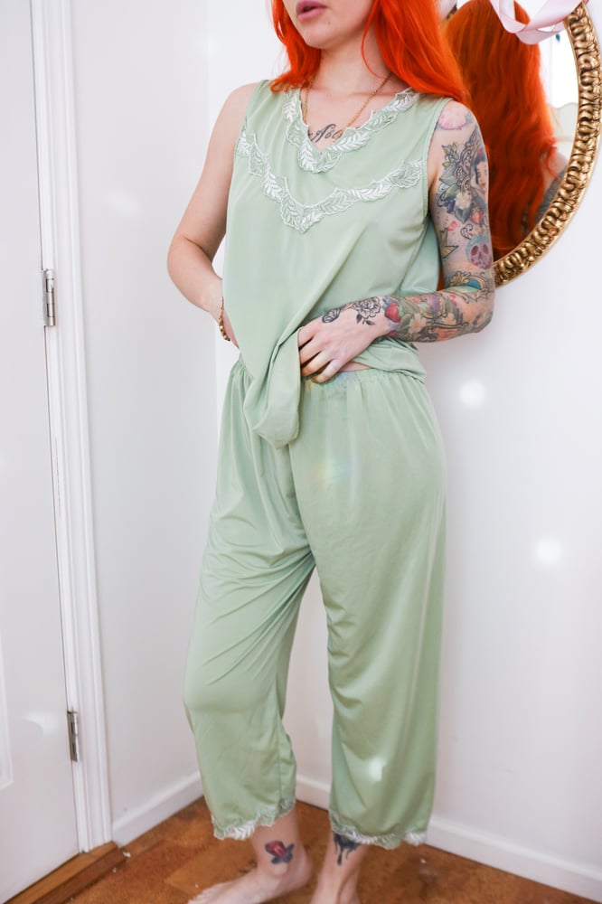 Image of Vintage 1960s-70s Two Piece Olive Green PJ Set (Small)
