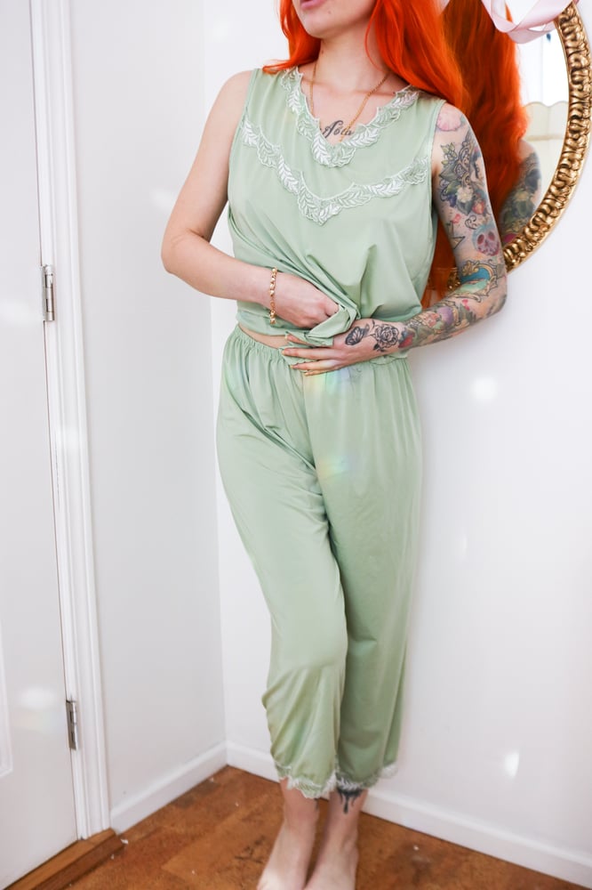 Image of Vintage 1960s-70s Two Piece Olive Green PJ Set (Small)