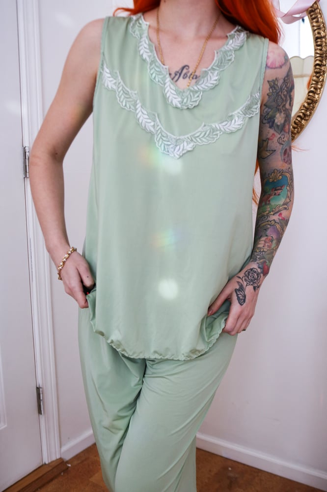 Image of Vintage 1960s-70s Two Piece Olive Green PJ Set (Small)